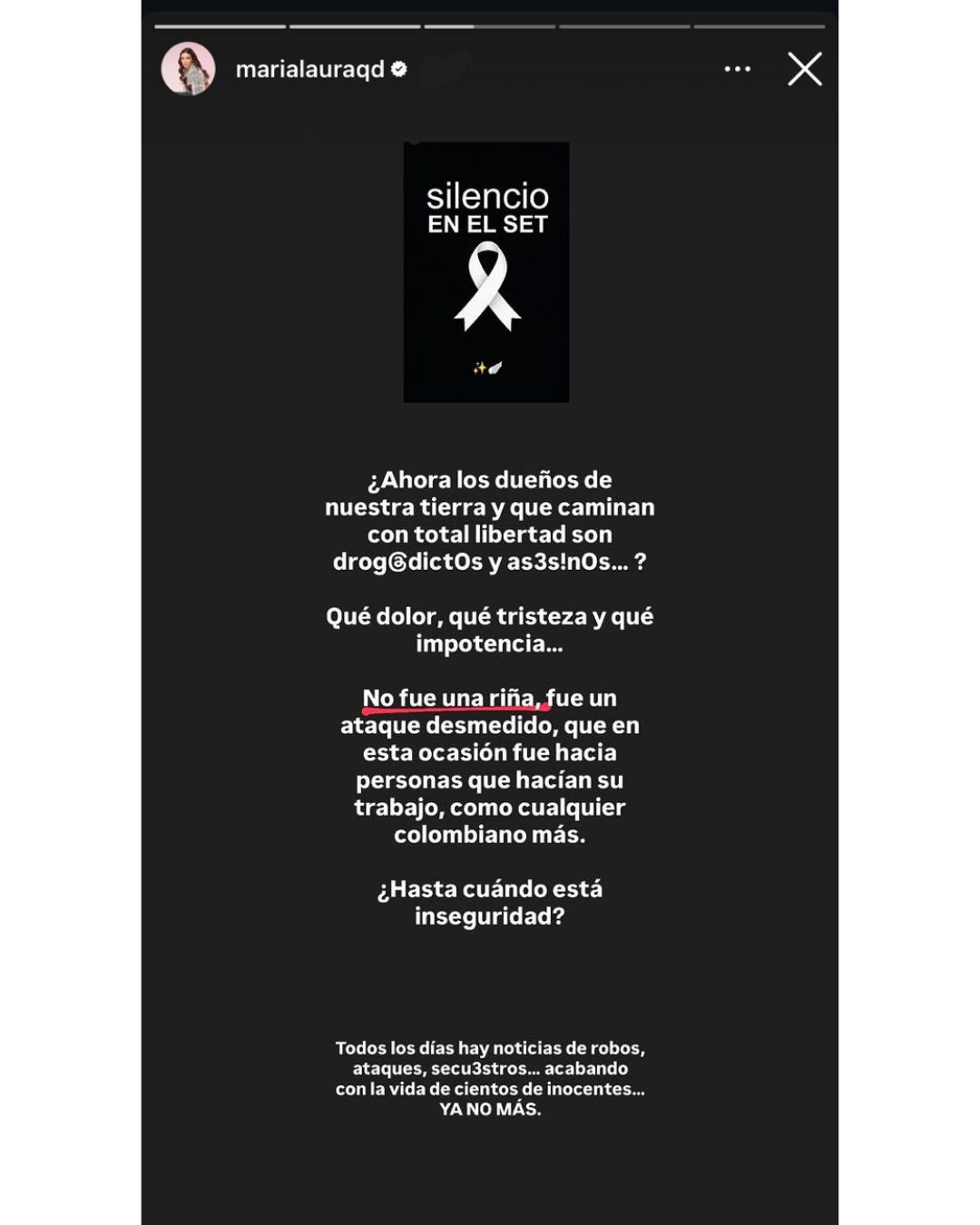 La actriz, María Laura Quintero mostró su tristeza e impotencia por la muerte de sus compañeros. | Fuente: Instagram/elheraldoco