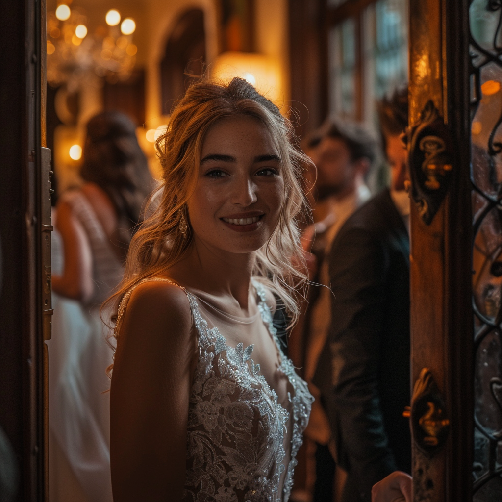 Una novia entrando en el lugar de su boda | Fuente: Midjourney