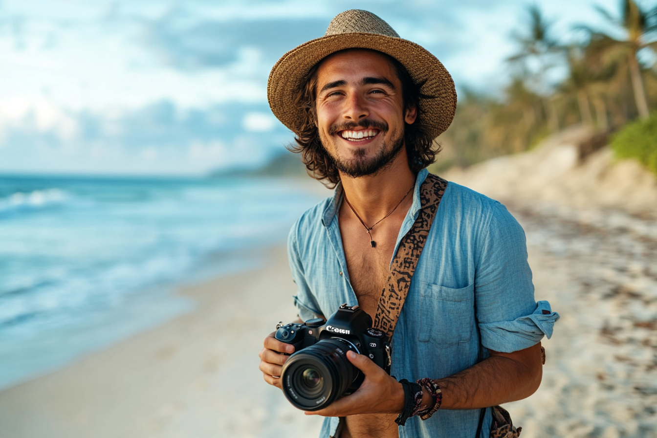 Un hombre sonriente con una cámara en la playa | Fuente: Midjourney