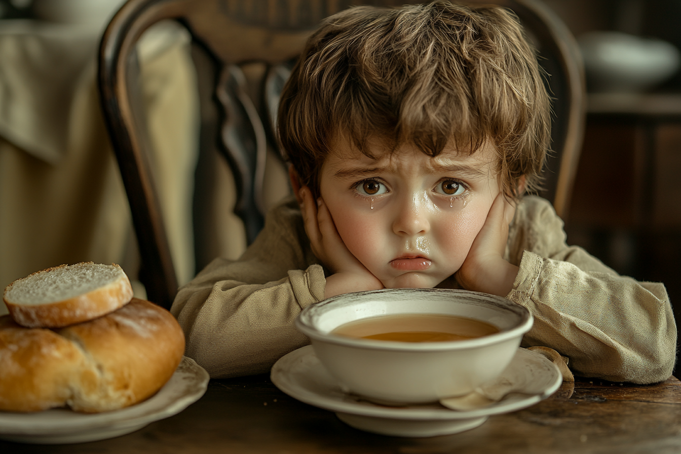 Un niño con los ojos llorosos sentado a la mesa del comedor | Fuente: Midjourney