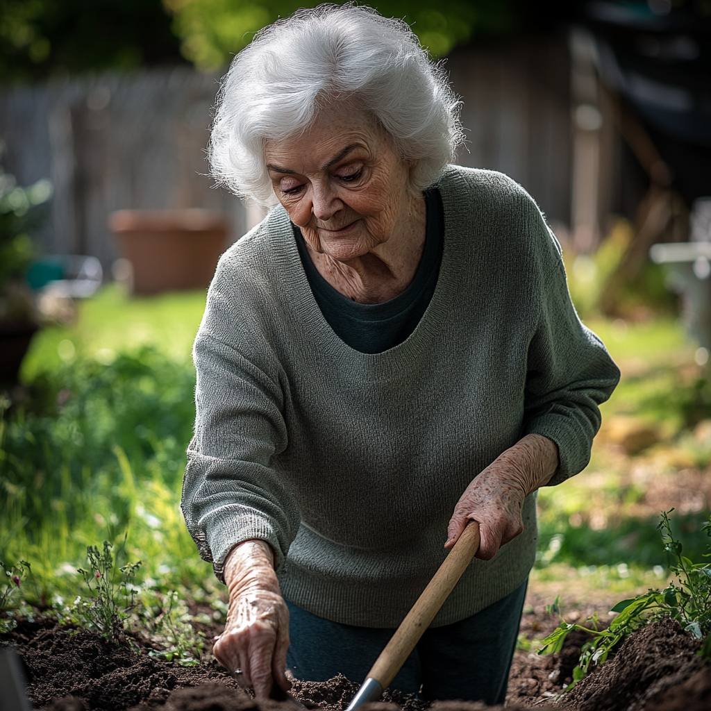 Una anciana cavando con una pala en su jardín | Fuente: Midjourney