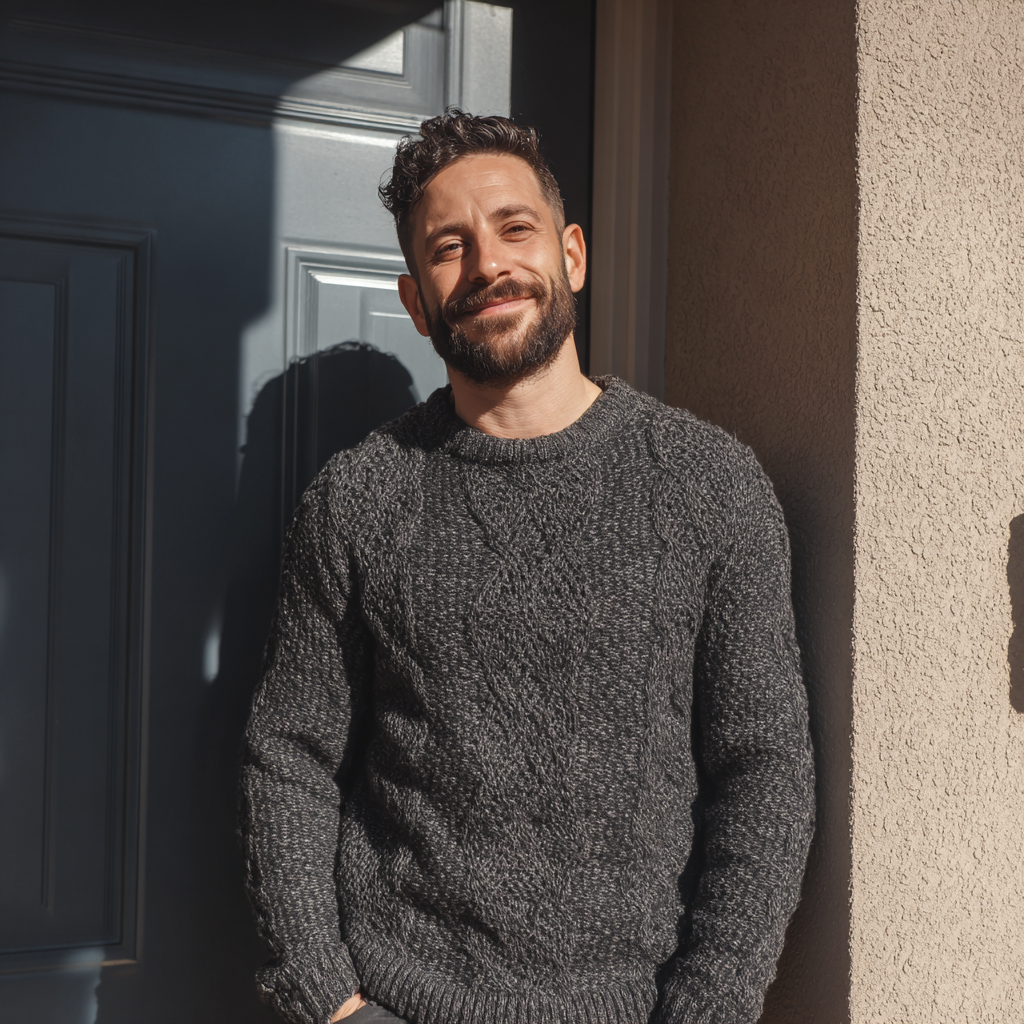 Un hombre sonriente ante la puerta de un apartamento | Fuente: Midjourney