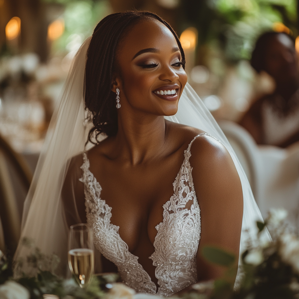 Una mujer feliz vestida de novia | Fuente: Midjourney