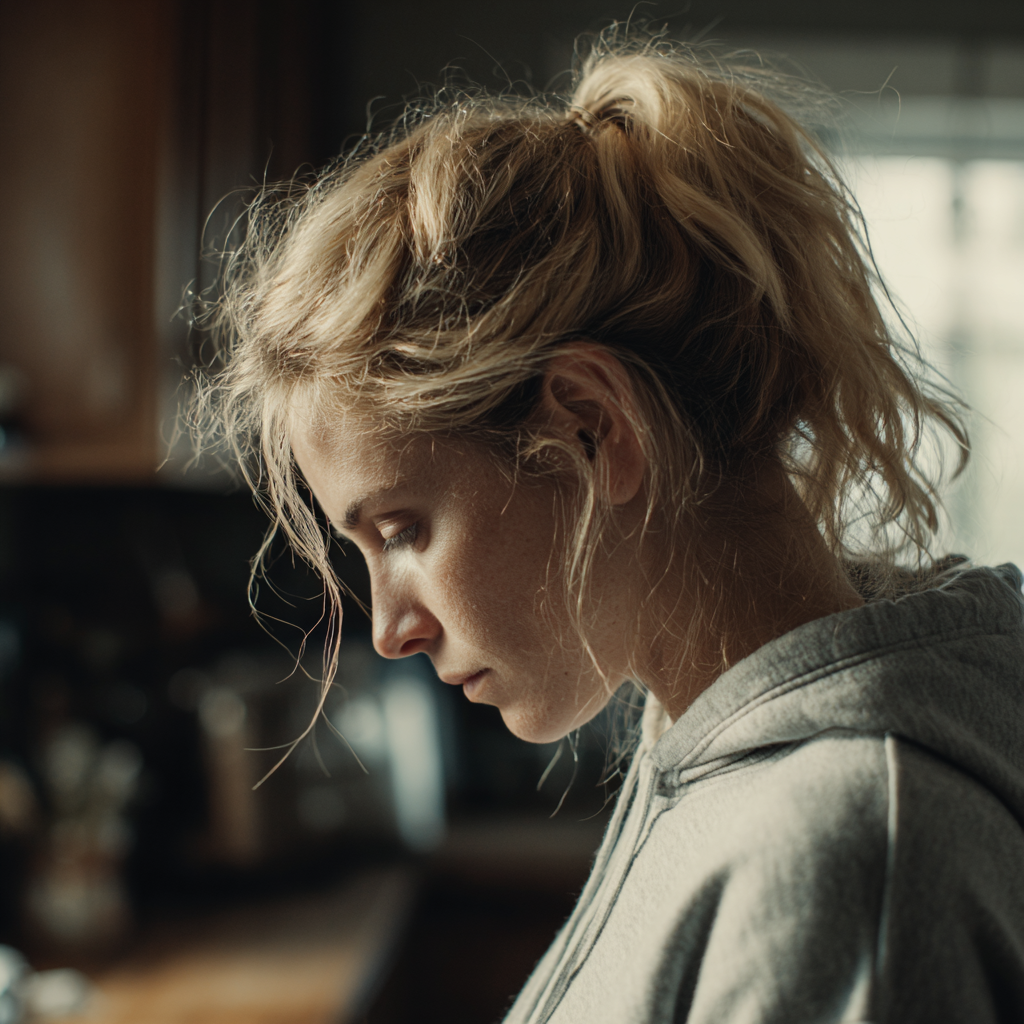 Una mujer preocupada de pie en una cocina | Fuente: Midjourney