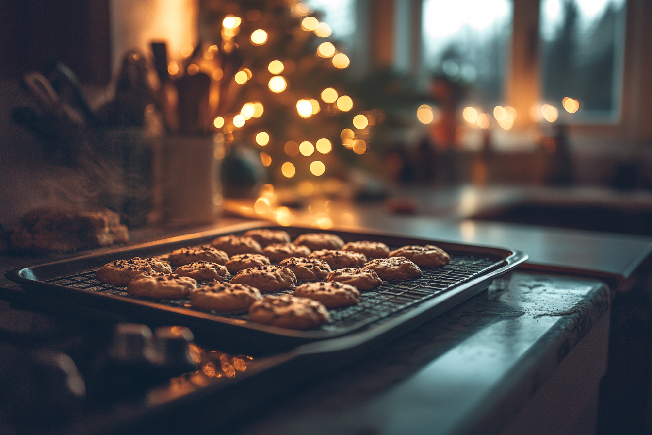 Galletas con pepitas de chocolate cociéndose en una bandeja sobre la encimera de la cocina en Navidad | Fuente: Midjourney