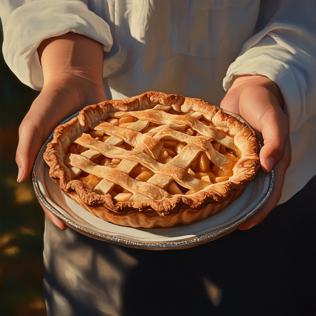 Primer plano de un adolescente sosteniendo un plato de tarta de manzana | Fuente: Midjourney