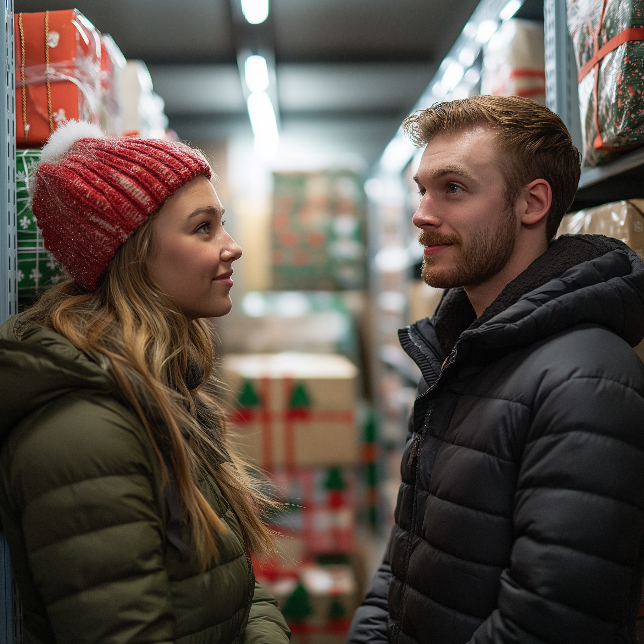 Una pareja de pie en un almacén y hablando | Fuente: Midjourney