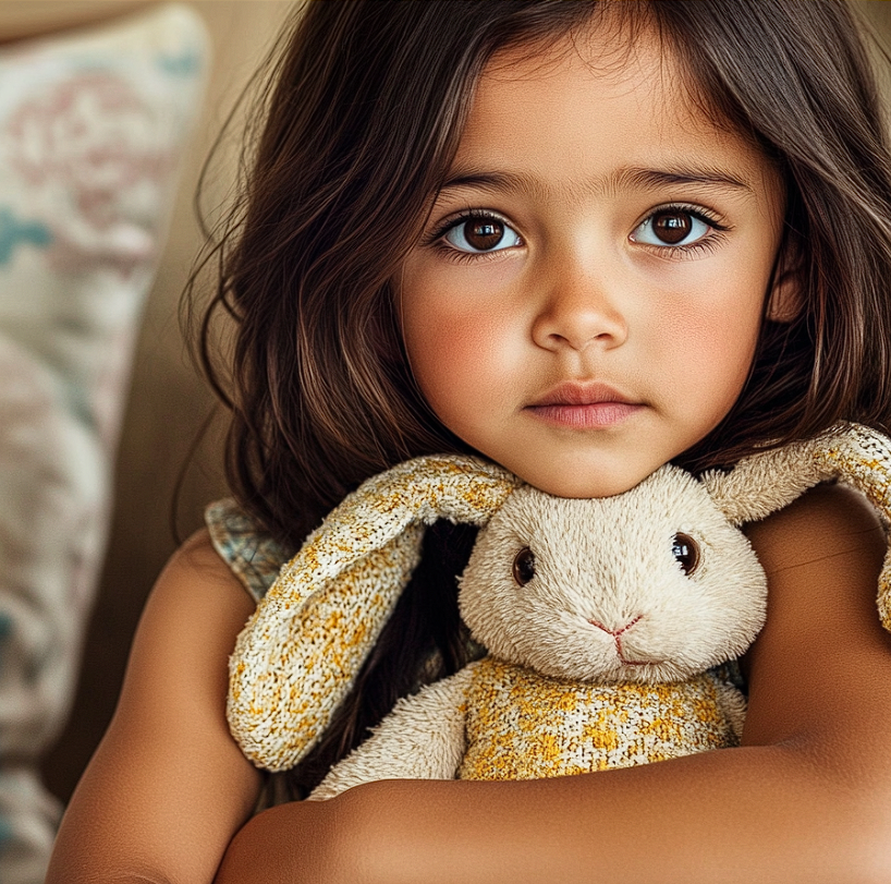 Una niña sujetando un conejo de peluche | Fuente: Midjourney