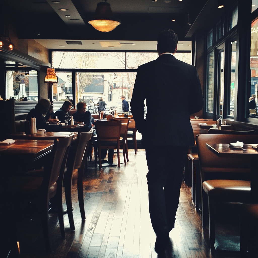 Un hombre trajeado saliendo de un restaurante | Fuente: Midjourney