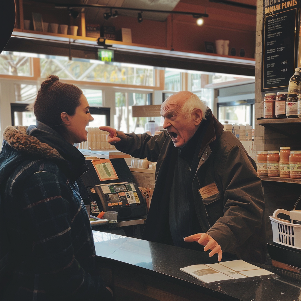 Rachel intentando calmar a un cliente enfadado | Fuente: Midjourney