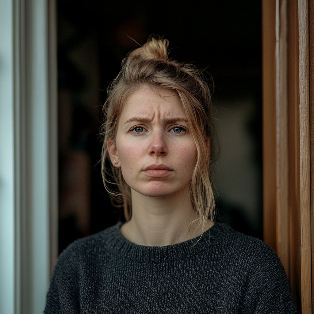 Una mujer cansada e insomne ante la puerta de una casa | Fuente: Midjourney