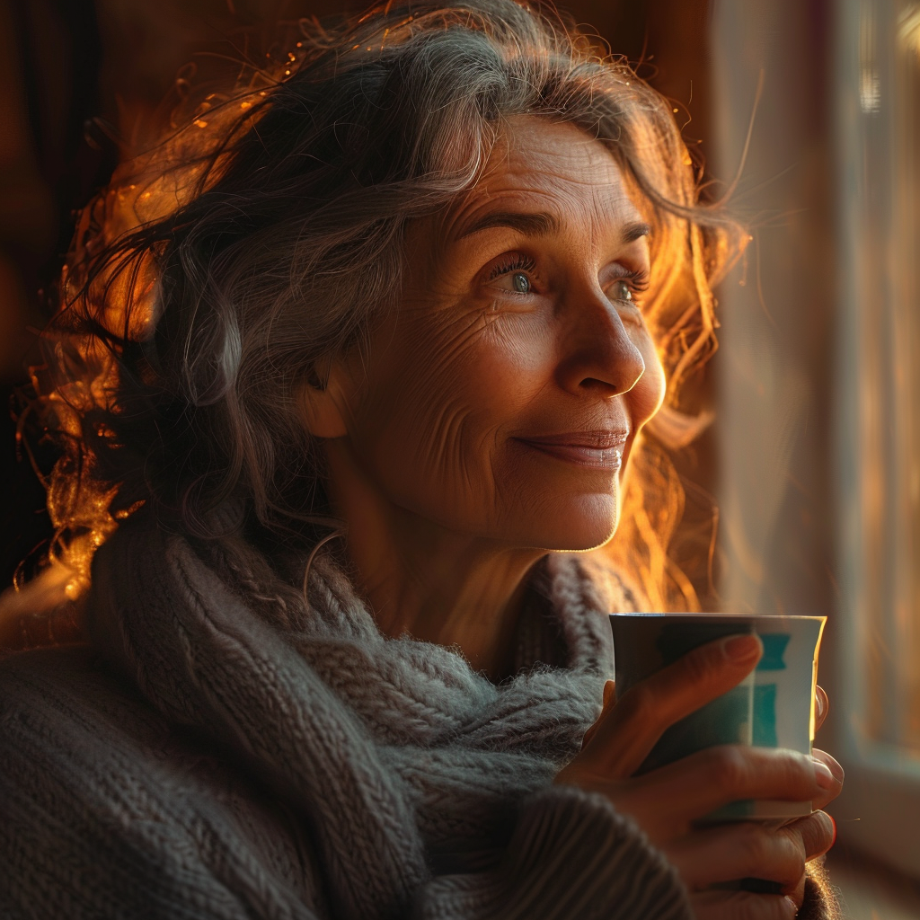 Vista lateral de una mujer mayor que sostiene una taza de café y sonríe | Fuente: Midjourney