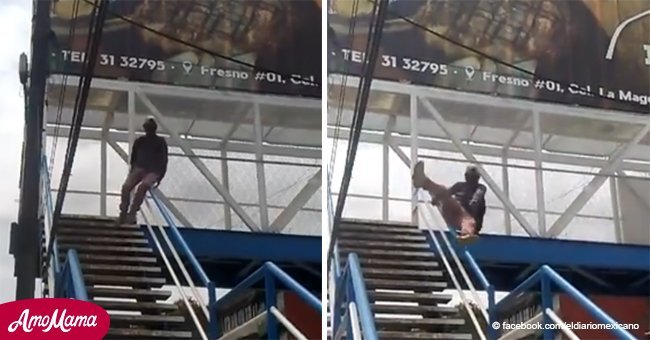 Joven intenta deslizarse desde un puente. De repente cae, y transeúntes corren hacia él