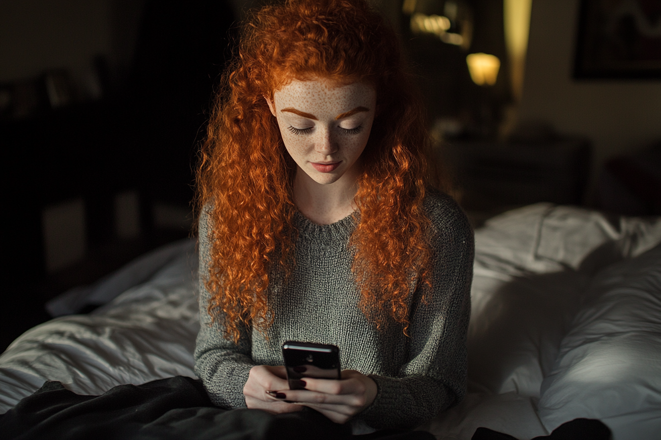 Una mujer mirando el teléfono en un dormitorio | Fuente: Midjourney