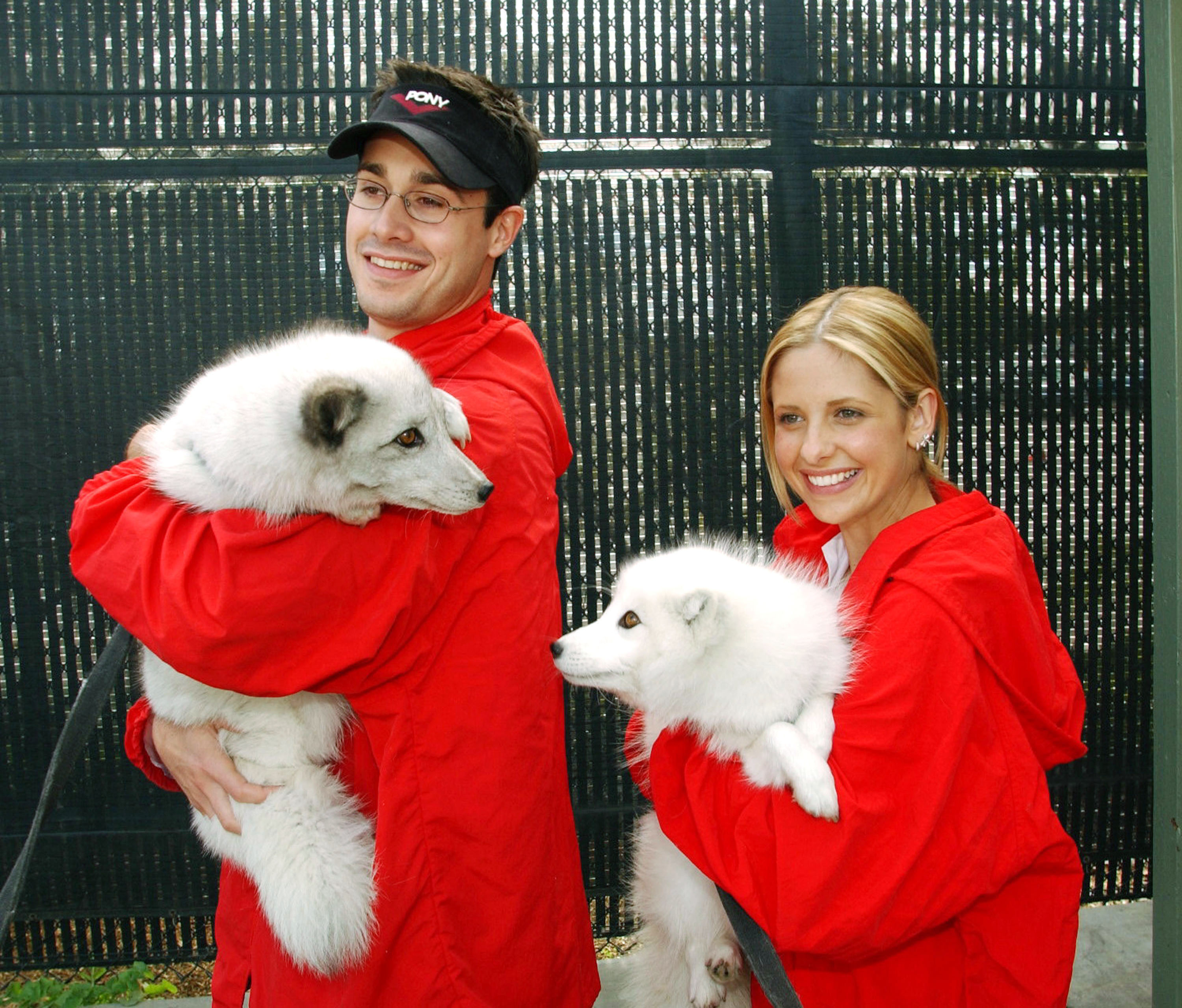 Freddie Prinze Jr. y Sarah Michelle Gellar fotografiados sosteniendo perros el 19 de enero de 2002, en San Diego, California. | Fuente: Getty Images