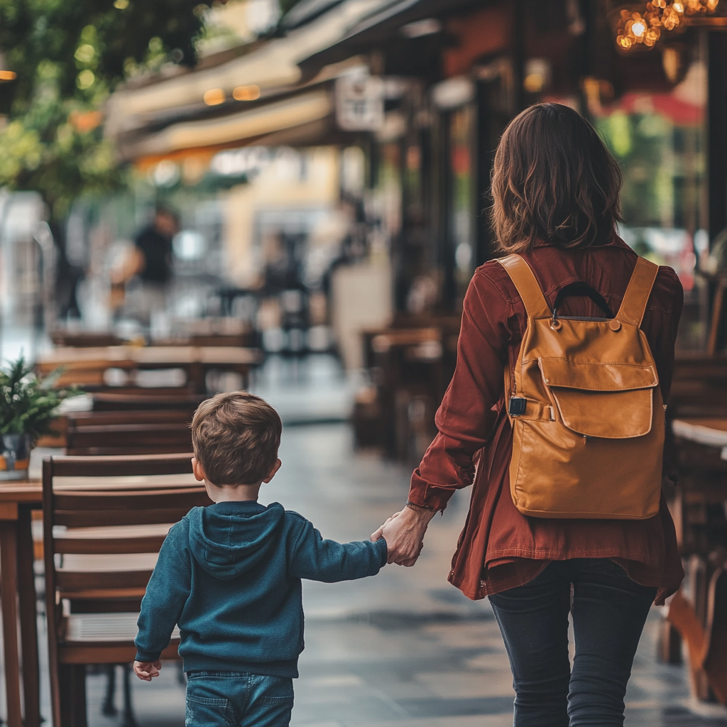 Madre e hijo caminando fuera de un restaurante vacío | Fuente: Midjourney