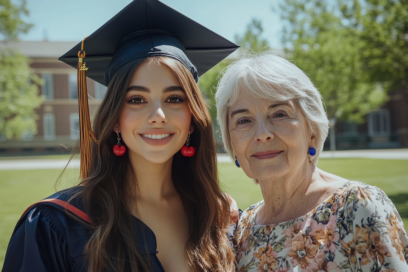 Una mujer y su abuela posan felices delante de un campus universitario durante una graduación | Fuente: Midjourney