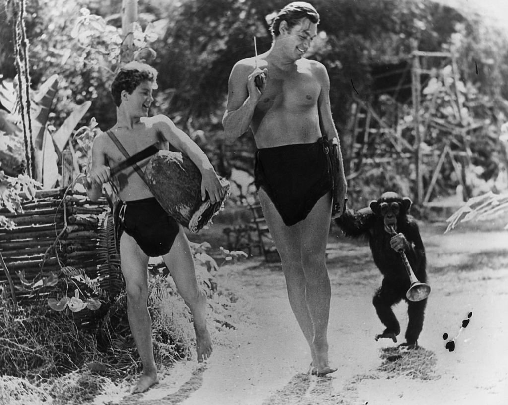 Johnny Weissmuller como Tarzán junto a Johnny Sheffield  como Boy y el chimpancé 'Cheetah'. | Foto: Getty Images