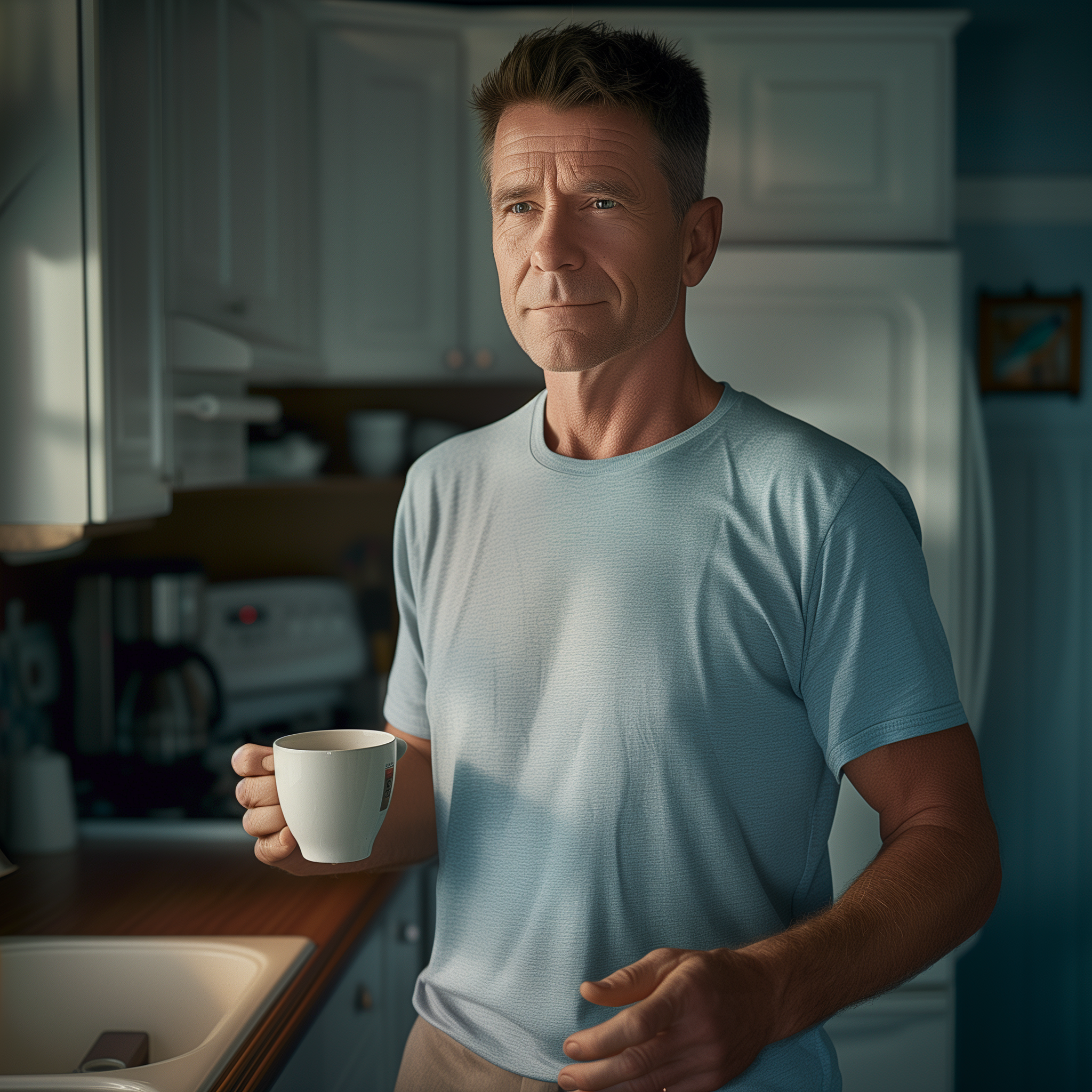 Un hombre de mediana edad con una taza en la mano | Fuente: Midjourney