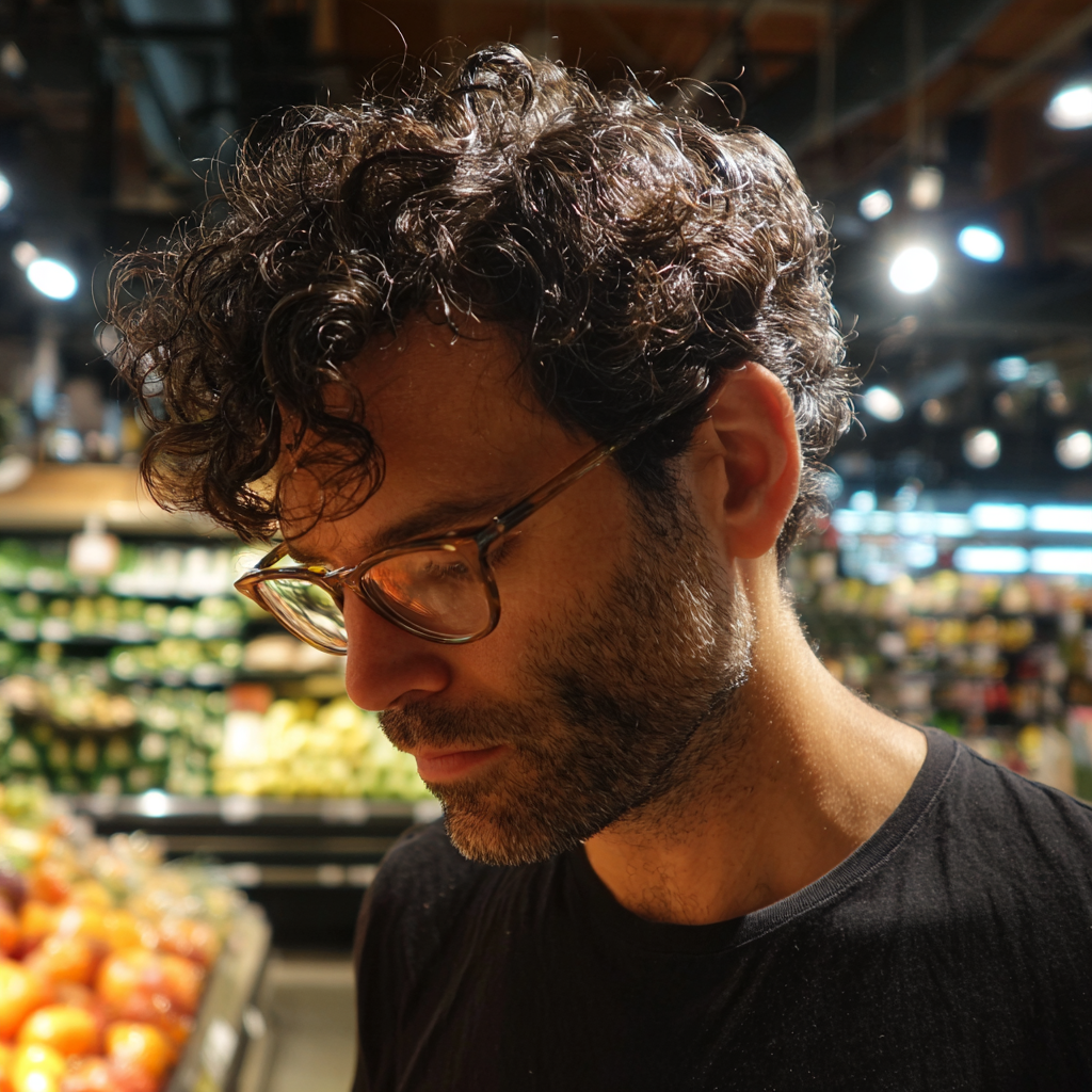 Un uomo pensieroso che indossa una maglietta nera | Fonte: Midjourney