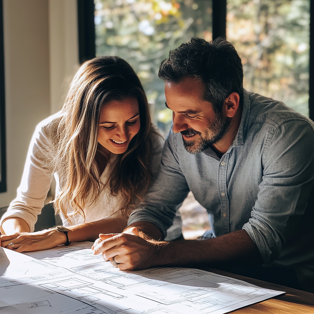 Una pareja mirando planos de casas | Fuente: Midjourney