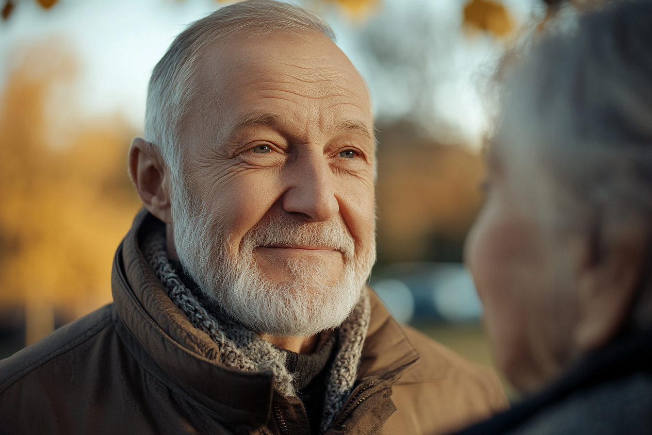 Un hombre mayor sonriendo a su esposa | Fuente: Midjourney