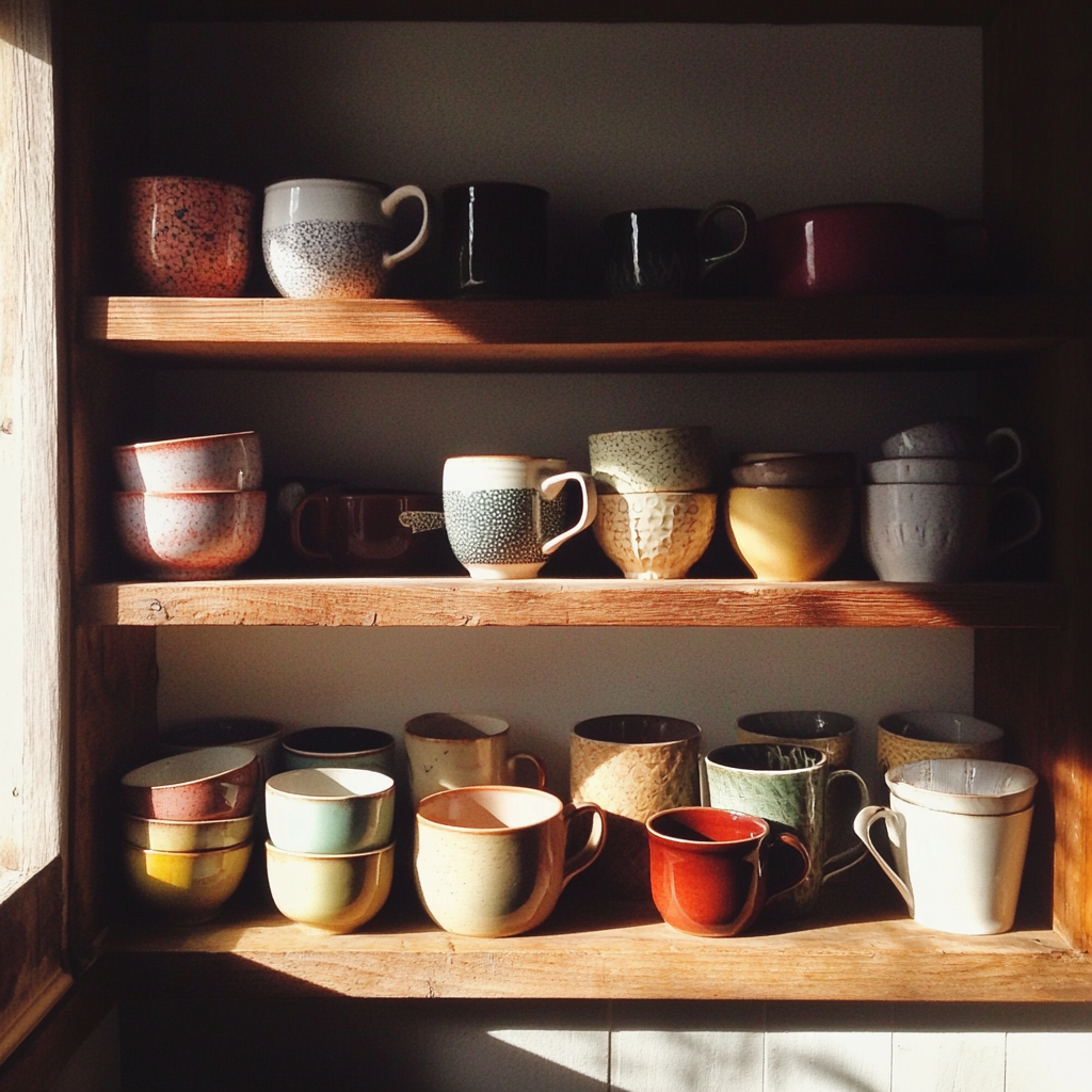 Un estante de tazas en la cocina | Fuente: Midjourney