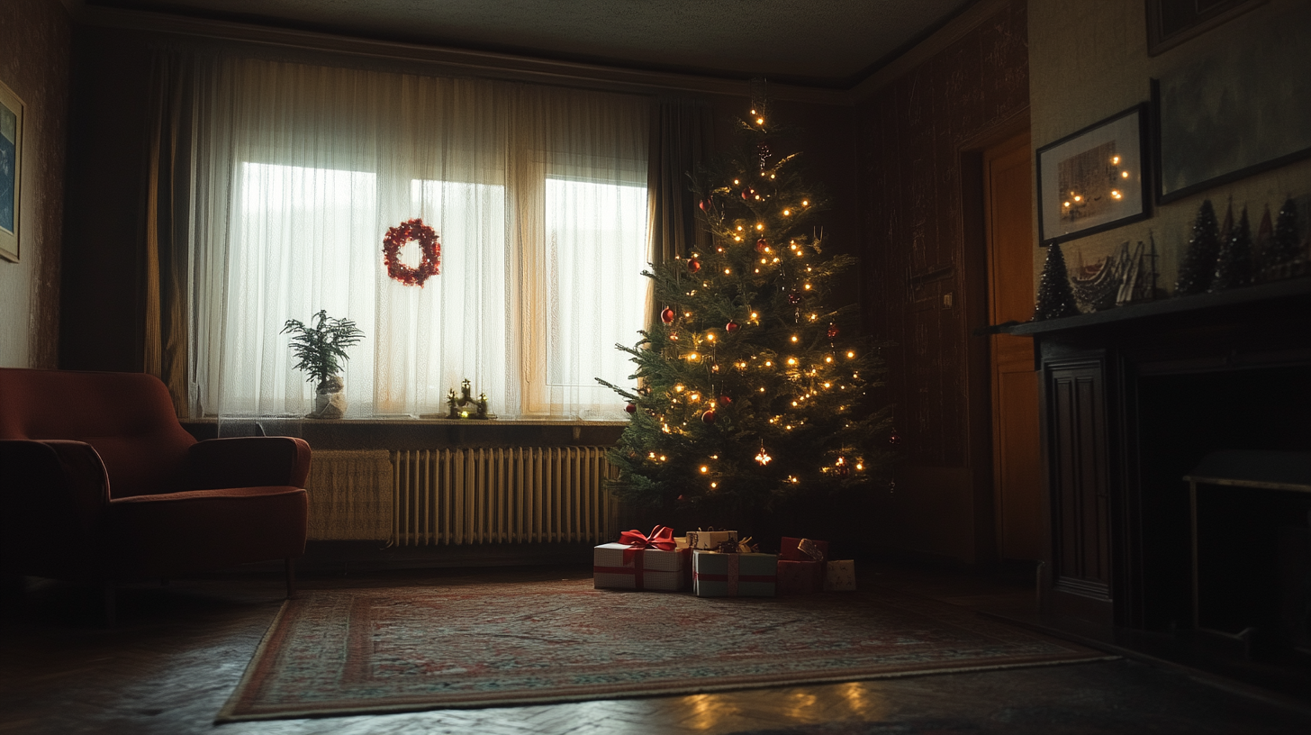 Un árbol de Navidad en un salón | Fuente: Midjourney