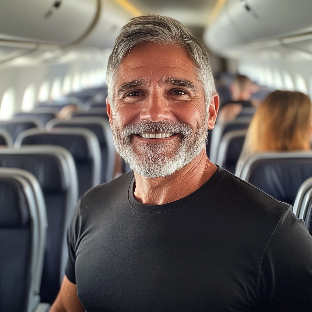 Un hombre sonriente en un avión | Fuente: Midjourney