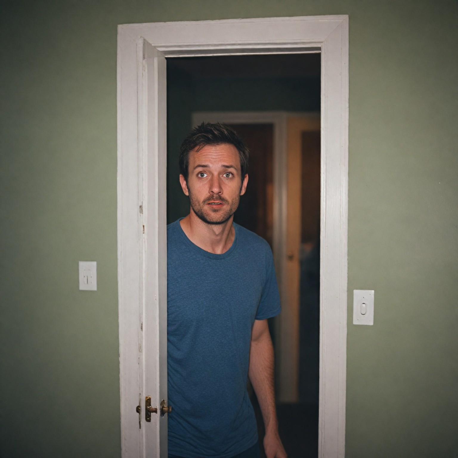 John de pie en la puerta del dormitorio, con cara de asombro e incredulidad | Fuente: Midjourney