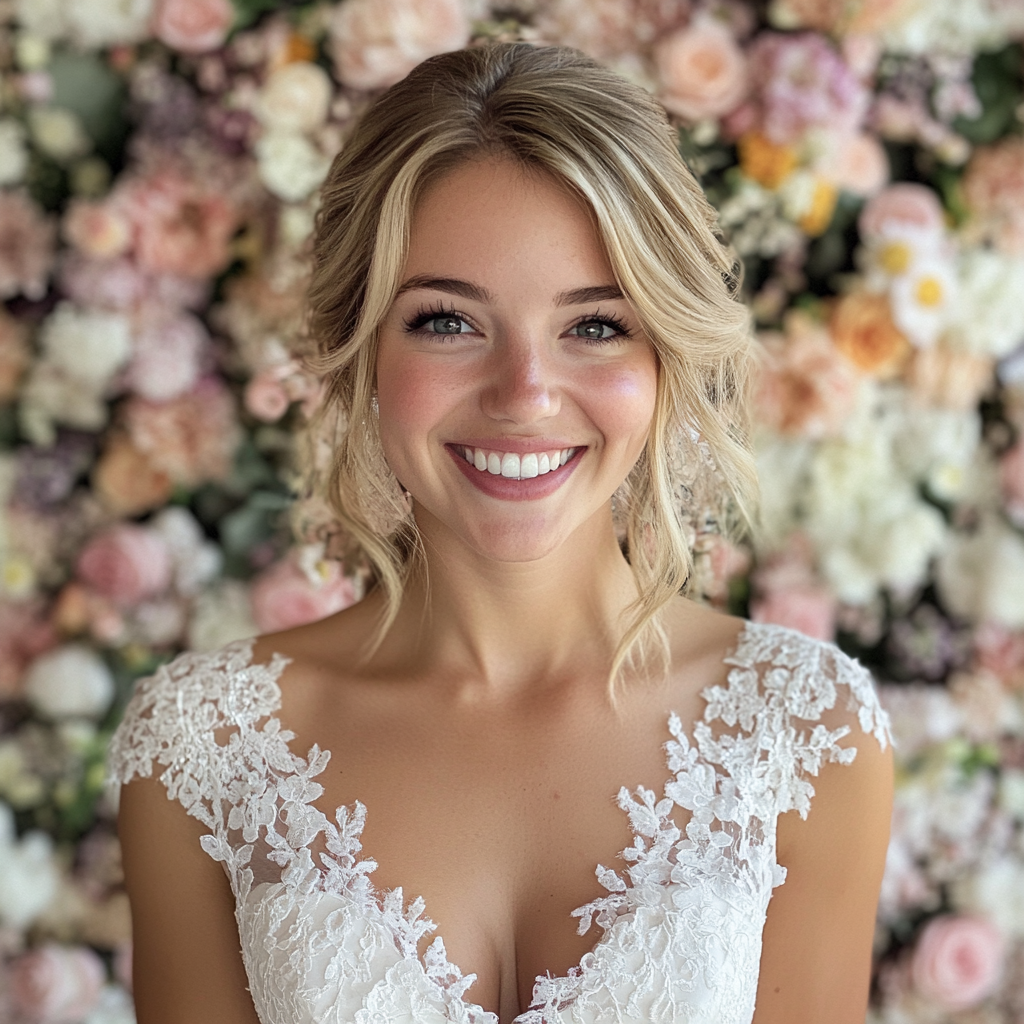 Una novia delante de un muro de flores | Fuente: Midjourney