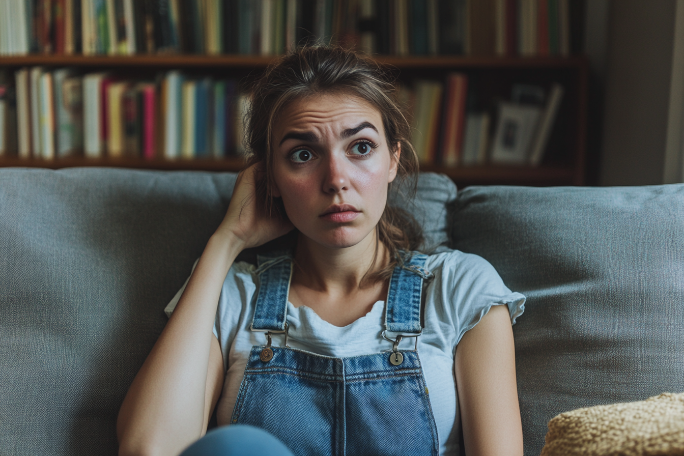 Una mujer en un sofá mirando algo | Fuente: Midjourney