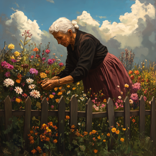 Una abuela cuidando un jardín de flores | Fuente: Midjourney
