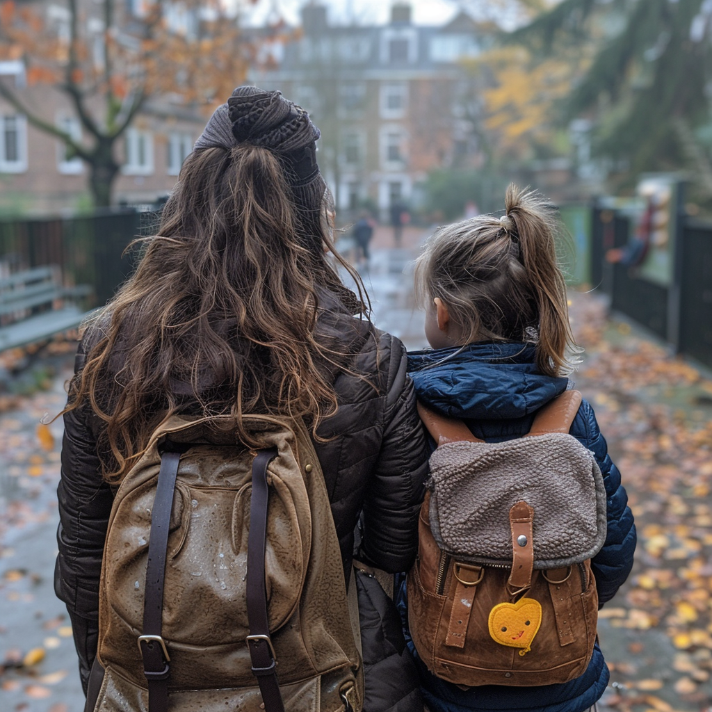 Sarah recogiendo a Amelia del colegio | Fuente: Midjourney