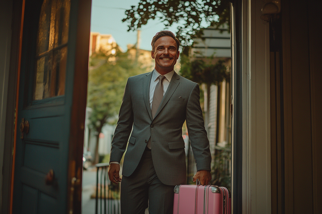 Hombre con traje gris en un porche con una maleta rosa | Fuente: Midjourney