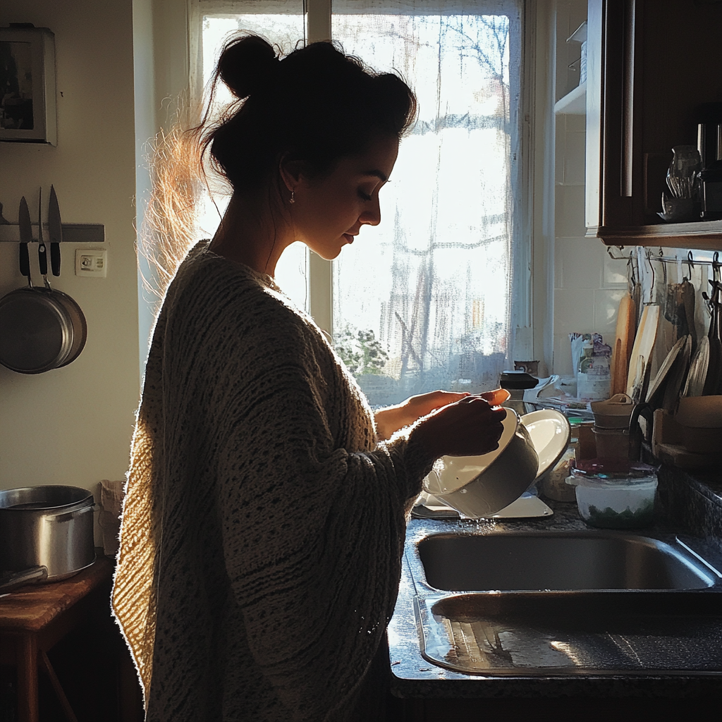 Una mujer lavando platos | Fuente: Midjourney