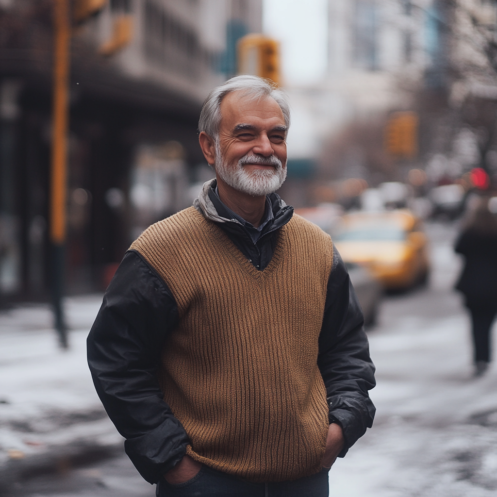 Un anciano sonríe mientras está de pie en la calle y mira a alguien | Fuente: Midjourney