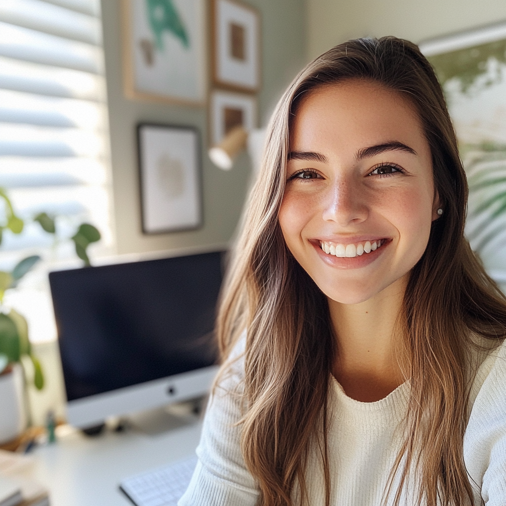 Una joven sonriente en una oficina | Fuente: Midjourney