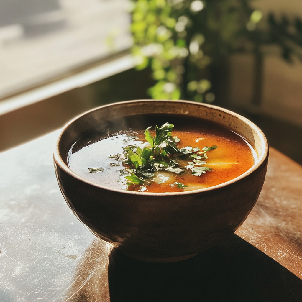 Un plato de sopa sobre una mesa | Fuente: Midjourney