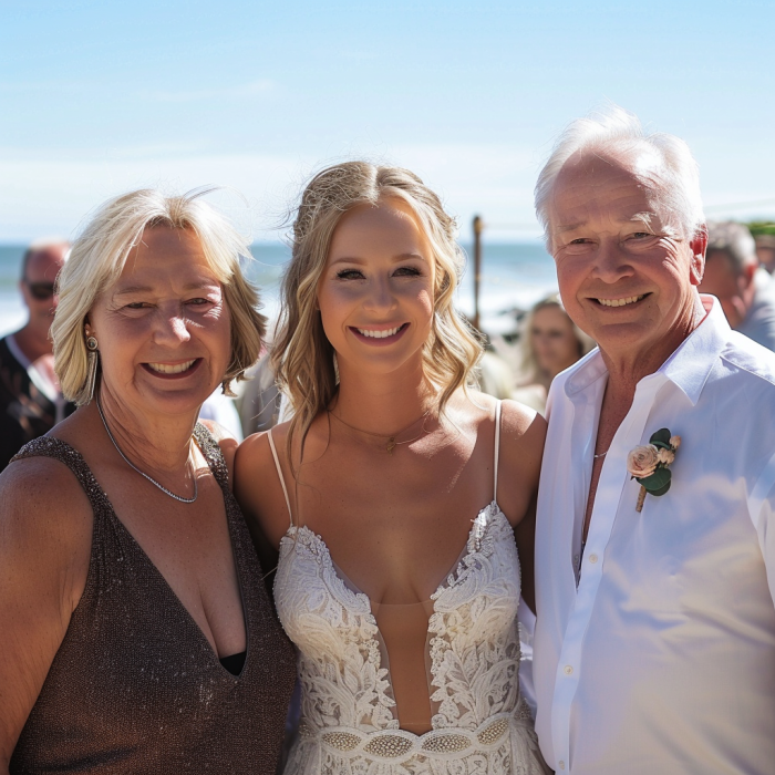 Una novia posando para una foto con sus padres | Fuente: Midjourney