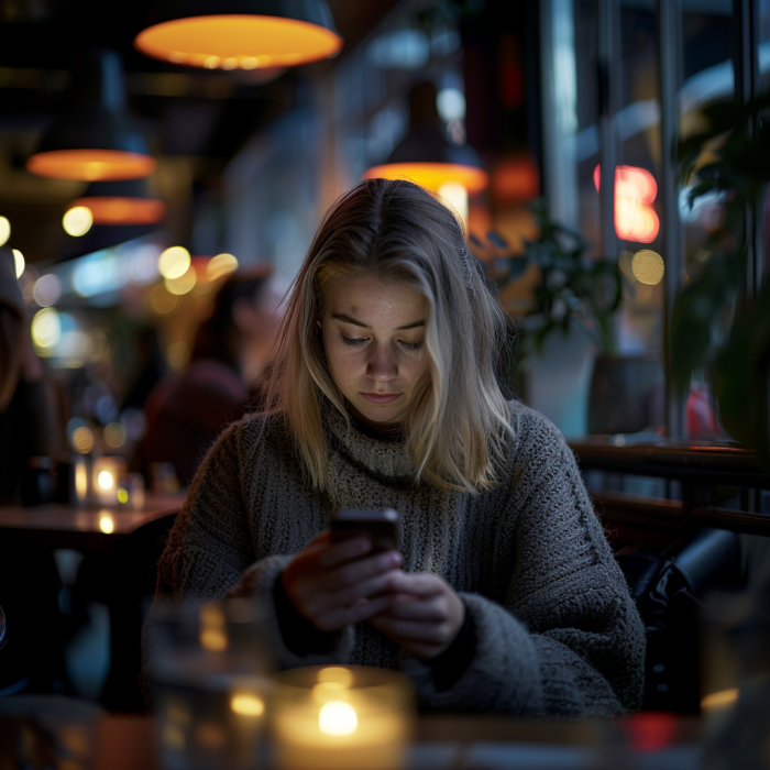 Una mujer utilizando su teléfono en un restaurante | Fuente: Midjourney