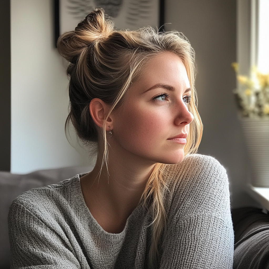 Una mujer sentada en un sofá y mirando por una ventana | Fuente: Midjourney