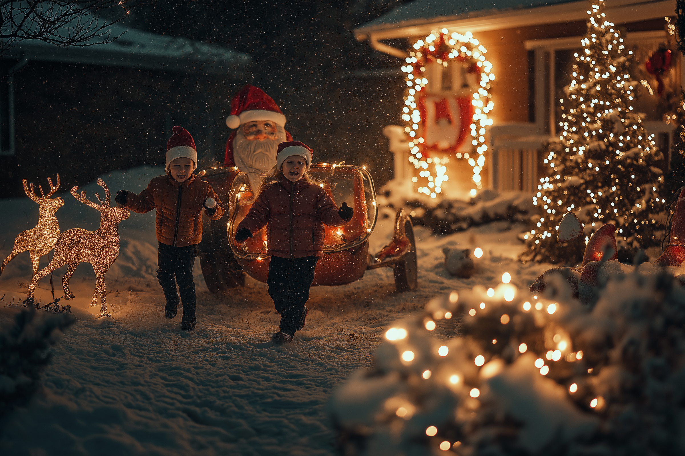 Niños corriendo por un patio nevado con adornos navideños | Fuente: Midjourney