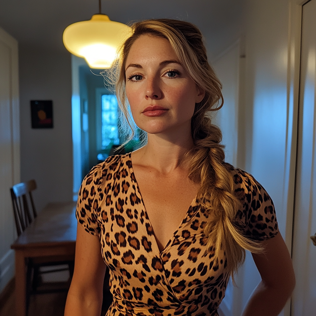 Una donna con un vestito con stampa leopardo | Fonte: Midjourney