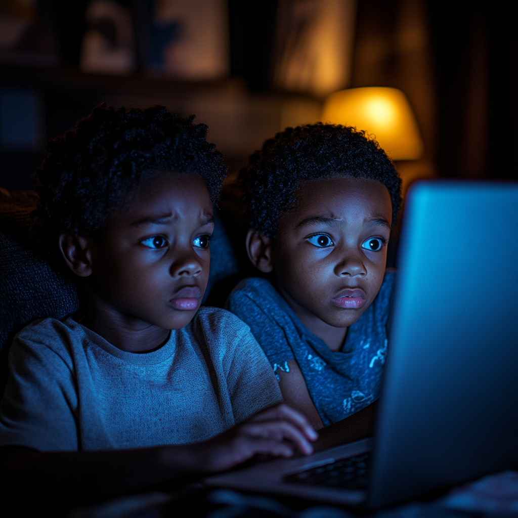 Dos niños viendo algo en un portátil en casa | Fuente: Midjourney