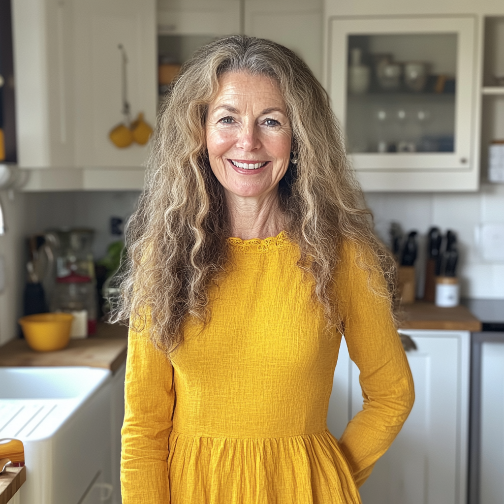 Una mujer mayor sonriente de pie en una cocina | Fuente: Midjourney