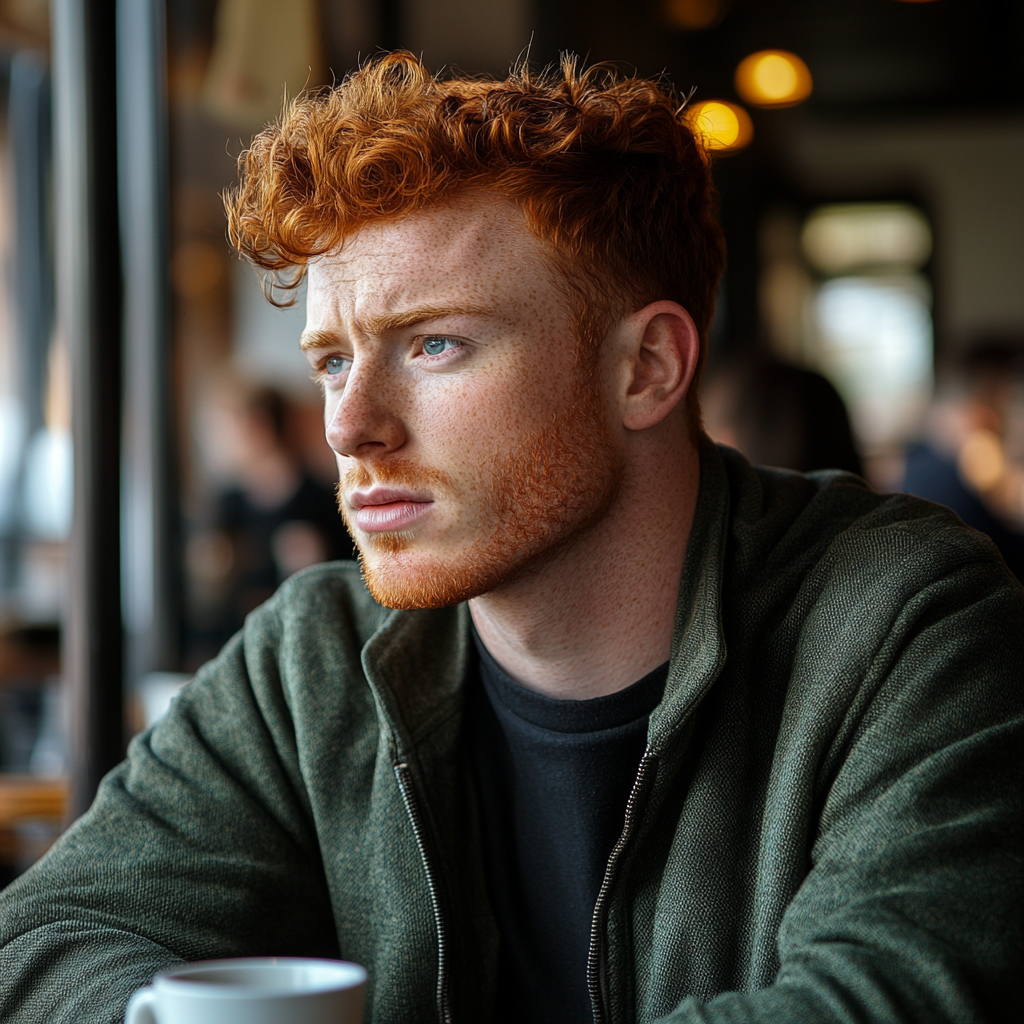 Un hombre pelirrojo sentado en un café | Fuente: Midjourney