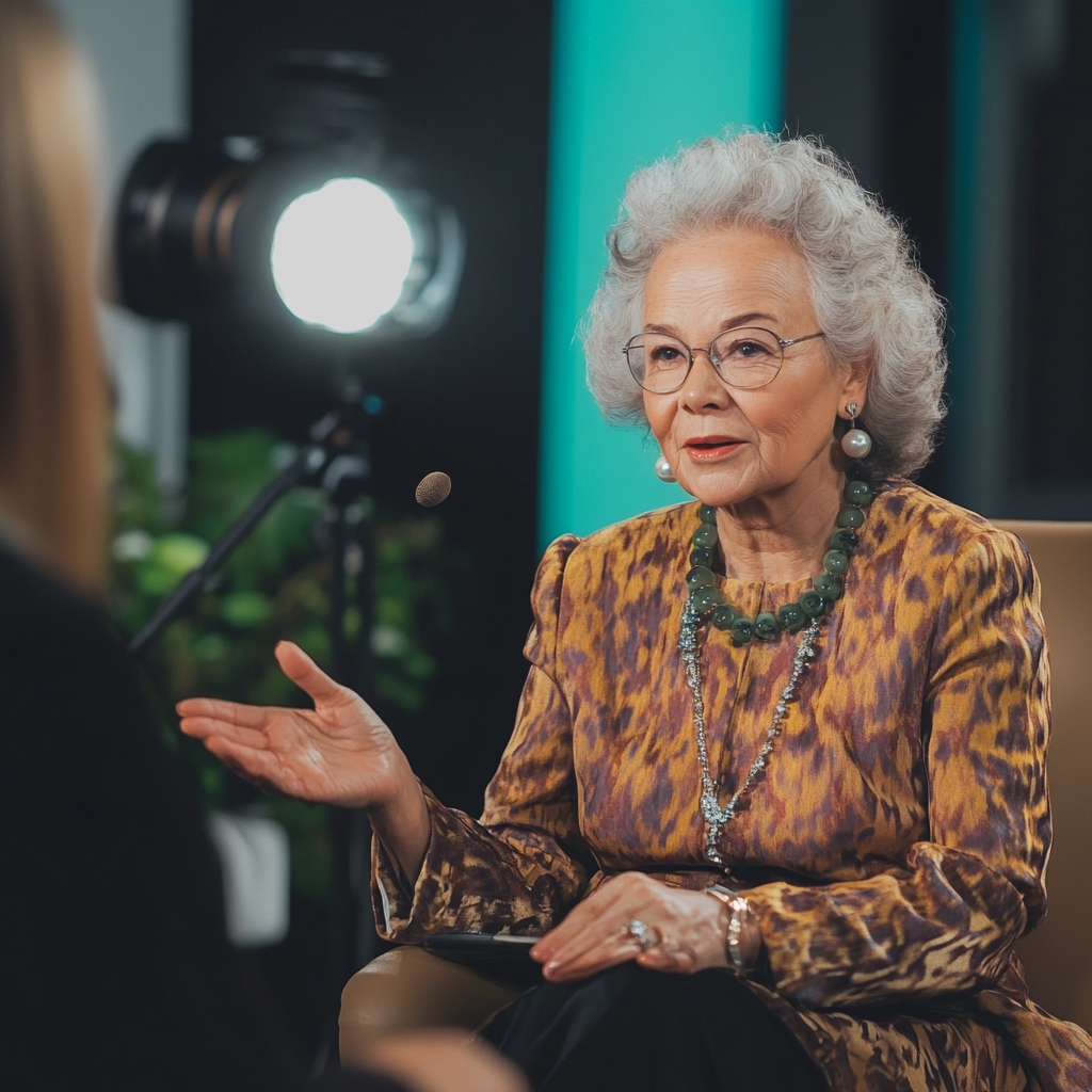 Mujer mayor en un programa de entrevistas | Fuente: Midjourney