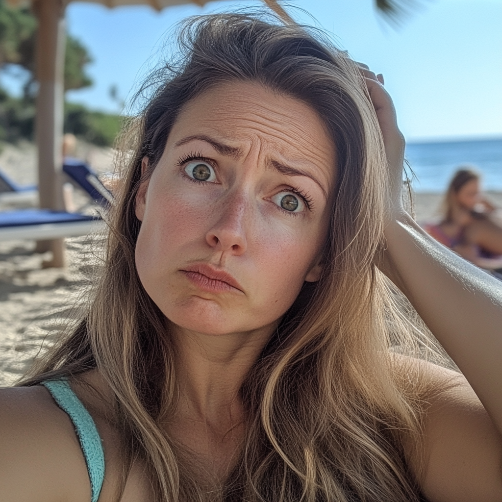 Una mujer sujetándose la cabeza en una playa | Fuente: Midjourney