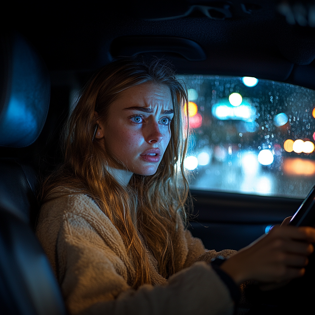 Una mujer parece agitada mientras conduce un Automóvil de noche | Fuente: Midjourney